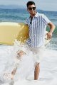 Men's Casual Short Sleeve Button Striped Cotton Shirt