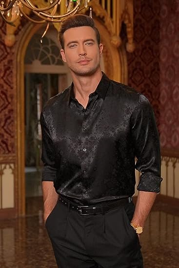 Men's Silk Satin Dress Shirts Long Sleeve Floral Button Up Shirts